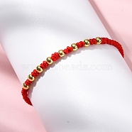 Polyester Cord Braided Bead Bracelets for Women, with Brass Beads, Long-Lasting Plated, Red, Inner Diameter: 2-1/8~3-1/8 inch(5.5~8cm)(BJEW-L698-03G-02)