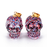 Electroplate K9 Glass Pendants, with Golden Plated Brass Bails, Crackle, Skull, Halloween, Light Coral, 25x26~27x19mm, Hole: 5x3mm(EGLA-N009-001-B01)