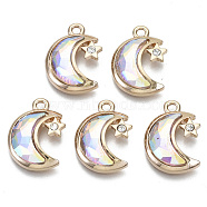 Glass Rhinestone Pendants, with Light Gold Plated Brass Plain Edge Bezel Cups, Faceted, Moon, Crystal AB, 19x14x4mm, Hole: 1.8mm(X-GLAA-N038-11A-A01)
