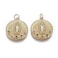Brass Mirco Pave Colorful Cubic Zirconia Pendants, Lady of Guadalupe Charms, Long-Lasting Plated, for Religion, with Jump Rings, Flat Round & Virgin Mary, Real 18K Gold Plated, 21x18.5x3.5mm, Hole: 3.5mm(X-ZIRC-A011-19G)