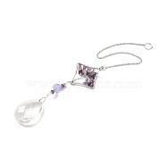 Amethyst Pendant Decoration, Hanging Suncatcher, with Stainless Steel Rings and Rhombus Alloy Frame, Teardrop, Purple, 391x2mm, Hole: 10mm(AJEW-P098-03P)