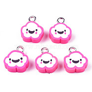 Handmade Polymer Clay Charms, with Platinum Plated Iron Loop, Cloud with Smile, Hot Pink, 11~14x9~11.5x4mm, Hole: 1.8mm(CLAY-N006-37B-01G)