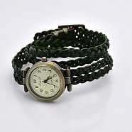 Fashionable Wrap Style Braided Leather Arabic Numerals Watch Bracelets, with Alloy Watch Dial and Clasps, Antique Bronze, DarkGreen, 450x11.5mm, Watch Dial: 33x29x8.5mm(WACH-G013-07)