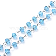 Handmade Electroplate Glass Beaded Chains, with Platinum Plated Iron Eye Pin, Unwelded, Deep Sky Blue, 39.37 inch(100cm), Beads: 6x4.5mm(AJEW-JB00528-07)