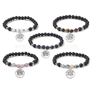 Natural Lava Rock & Mixed Gemstone Round Beaded Stretch Bracelet, with Alloy Tree of Life Charms, Inner Diameter: 2-1/2 inch(6.5cm)(BJEW-JB09767)