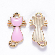 Alloy Enamel Pendants, Cat Shape, Light Gold, Pink, 22x12x2~3mm, Hole: 2mm(ENAM-S121-033D)