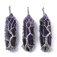 Natural Amethyst Big Wire Wrapped Pointed Pendants, with Brass Wires, prismatic with Tree of Life, Platinum, 48~62x14~17x13~18mm, Hole: 4x5~6mm(G-T133-P02C)