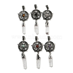 Natural Mixed Gemstone & Prism Quartz Crystal Big Pendants, Antique Silver Tone Rack Plating Alloy Star Charms, Lead Free & Cadmium Free, 81~86x30x7mm, Hole: 4.5x6.5mm(G-K338-16AS)