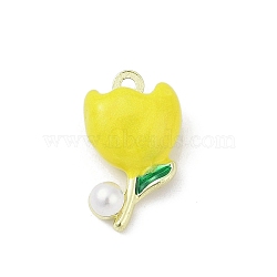 Alloy Enamel Pendants, with ABS Imitation Pearl Beads, Rack Plating, Cadmium Free & Nickel Free & Lead Free, Flower Charm, Golden, Yellow, 19x11.5x7mm, Hole: 1.6mm(PALLOY-R151-45G-01)