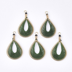 Cotton Thread Woven Big Pendants, with Glass Seed Bead and Iron Findings, teardrop, Golden, Dark Green, 54~55x30~31x4~5mm, Hole: 3mm(X-FIND-S306-01E)