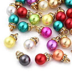 ABS Plastic Charms, with Golden Tone Iron Findings and Rhinestone, Dyed, Round Charm, Mixed Color, 13.5x8mm, Hole: 2.5mm(KY-T024-02)