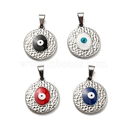 304 Stainless Steel Pendants, with Enamel, Flat Round with Evil Eye Charm, Stainless Steel Color, Mixed Color, 18x16x2.5mm, Hole: 5.5x3.5mm(STAS-C078-01P)
