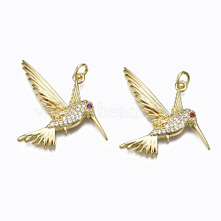 Brass Micro Pave Cubic Zirconia Pendants, with Jump Rings, Nickel Free, Bird, Real 16K Gold Plated, Orchid, 24.5x34.5x4mm, Hole: 3mm(ZIRC-N039-147B-NF)