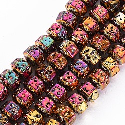 Electroplated Natural Lava Rock Beads Strands, Hexagon, Bumpy, Colorful, 6x7x5.5mm, Hole: 1.2mm, about 73pcs/strand, 15.75 inch(40cm)(G-T114-72A)