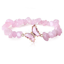 Fashionable Natural Rose Quartz Chips Beaded Bracelets, Metal Butterfly Link Bracelets for Women(TI6720-3)