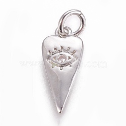 Brass Pendants, with Cubic Zirconia, Heart with Evil Eye, Clear, Platinum, 15.5x7x1.5mm, Hole: 3mm(X-KK-L188-05P)