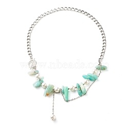 Natural Amazonite & Shell Pearl Beaded Necklace for Girl Women, Chain Tassel with Pearl Pendant Necklace, 304 Stainless Steel Curb Chain Bracelet, Stainless Steel Color, 17.68 inch(44.9cm)(NJEW-TA00010)