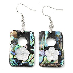 Natural Paua Shell & White Shell Flower Dangle Earrings, with Brass Earring Pins, Rectangle, 55.5x20.5mm(EJEW-E289-01P-01)