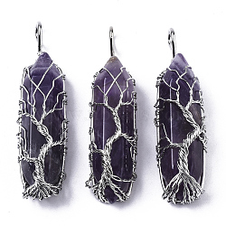 Natural Amethyst Big Wire Wrapped Pointed Pendants, with Brass Wires, prismatic with Tree of Life, Platinum, 48~62x14~17x13~18mm, Hole: 4x5~6mm(G-T133-P02C)