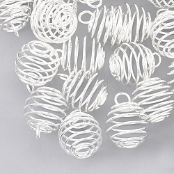 Iron Wire Pendants, Spiral Bead Cage Pendants, Round, Silver, 30x24mm, Hole: 7mm(IFIN-Q125-02C-A-S)