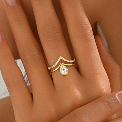 Brass Micro Pave Cubic Zirconia Adjustable Open Cuff Rings for Women, Teardrop, Real 18K Gold Plated, Inner Diameter: Adjustable(YP6929-1)