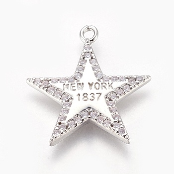 Brass Cubic Zirconia Pendants, Star with Word, Clear, Platinum, 24.5x22.5x2mm, Hole: 1.8mm