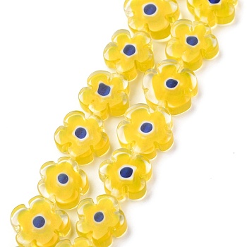 Handmade Millefiori Glass Bead Strands, Flower, Yellow, 10~12x4mm, Hole: 1mm, about 35~38pcs/strand, 16 inch