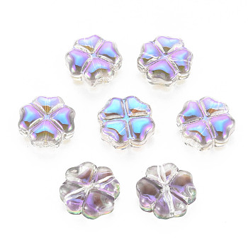 Electroplate Transparent Glass Beads, Half Plated, Flower, Violet, 10.5x10.5x5mm, Hole: 0.8mm