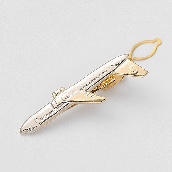 Brass Collar Tie Clips with Chain for Men, Golden & Silver, Airplane, 60x17mm