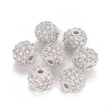 Handmade Indonesia Beads, with Aluminium Chains, Round, Silver Color Plated, White, 16.5~18x14~15mm, Hole: 3~3.5mm