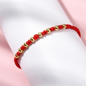 Polyester Cord Braided Bead Bracelets for Women, with Brass Beads, Long-Lasting Plated, Red, Inner Diameter: 2-1/8~3-1/8 inch(5.5~8cm)