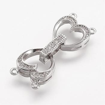 Brass Micro Pave Cubic Zirconia Fold Over Clasps, Heart, Platinum, 32x12x5mm, Hole: 1mm