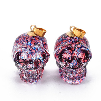 Electroplate K9 Glass Pendants, with Golden Plated Brass Bails, Crackle, Skull, Halloween, Light Coral, 25x26~27x19mm, Hole: 5x3mm