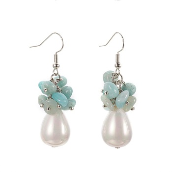 Natural Flower Amazonite Dangle Earrings, with Teardrop Shell Pearl Bead, Brass Ball Head pins, 304 Stainless Steel Jump Rings and Brass Earring Hooks, 49~51mm