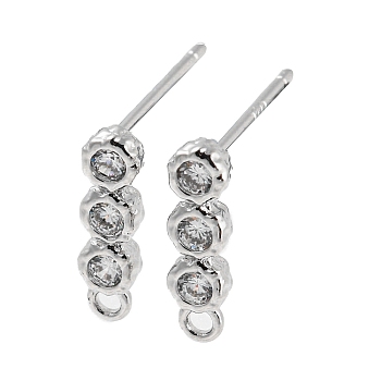 Brass Stud Earring Finding, with Crystal Rhinestone and Horizontal Loop, Real Platinum Plated, 11x3mm, Hole: 1.2mm, Pin: 0.7mm