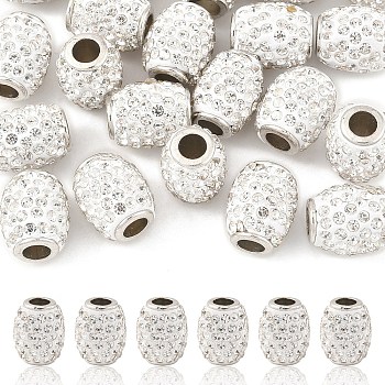 20Pcs Handmade Polymer Clay Rhinestone European Beads, Large Hole Barrel Beads, with Platinum Tone Brass Single Cores, Crystal, 15x11~12mm, Hole: 5mm