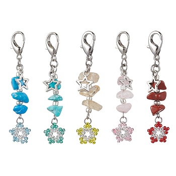TOHO Seed Pendant Decorations, with Synthetic & Natural Mixed Gemstone Beads, Zinc Alloy Lobster Claw Clasps, Star, 59mm, Pendants: 42x10.5~11x7~8mm