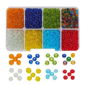 8 Colors Glass Seed Beads, Transparent, Round, Mixed Color, 3mm, Hole: 1mm, about 15g/color