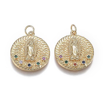 Brass Mirco Pave Colorful Cubic Zirconia Pendants, Lady of Guadalupe Charms, Long-Lasting Plated, for Religion, with Jump Rings, Flat Round & Virgin Mary, Real 18K Gold Plated, 21x18.5x3.5mm, Hole: 3.5mm