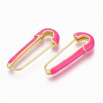 Brass Enamel Safety Pins Earrings, Real 18K Gold Plated, Nickel Free, Deep Pink, 28x12x4mm, Pin: 1mm