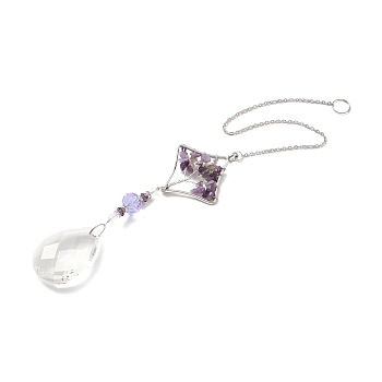 Amethyst Pendant Decoration, Hanging Suncatcher, with Stainless Steel Rings and Rhombus Alloy Frame, Teardrop, Purple, 391x2mm, Hole: 10mm