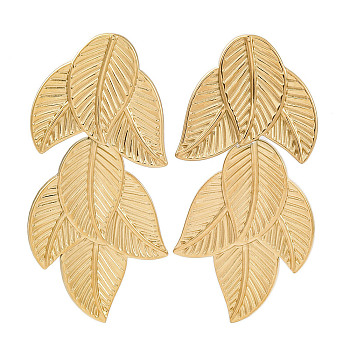 304 Stainless Steel Leaf Theme Stud Earrings For Women, Real 18K Gold Plated, 45x21mm