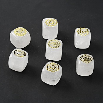 7Pcs 7 Styles Natural Quartz Crystal Beads, with Long-Lasting Plated Golden Tone Brass Chakra Pattern Slices, Lead Free & Cadmium Free, No Hole, Cube, 15.5~18x15~17x14.5~17mm, 1pc/style