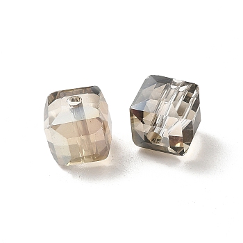 Electorplated Glass Beads, Rainbow Plated, Faceted, Cube, Tan, 7x7x7mm, Hole: 1mm