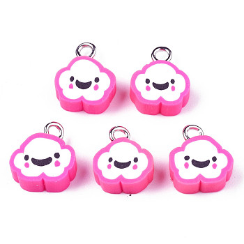 Handmade Polymer Clay Charms, with Platinum Plated Iron Loop, Cloud with Smile, Hot Pink, 11~14x9~11.5x4mm, Hole: 1.8mm