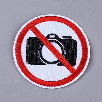 Computerized Embroidery Cloth Iron on/Sew on Patches, Costume Accessories, Prohibitory Sign, No Camera Red Round Sign, White, 72x2mm