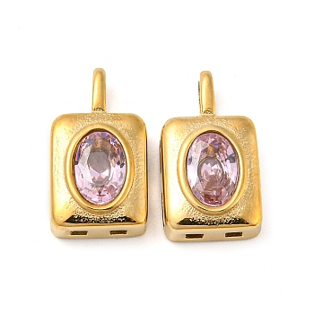 Real 14K Gold Plated 304 Stainless Steel Pendants, with Glass Rhinestone, Rectangle Charms, Pink, 14.5x7.5x4.5mm, Hole: 3x1.5mm