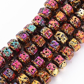 Electroplated Natural Lava Rock Beads Strands, Hexagon, Bumpy, Colorful, 6x7x5.5mm, Hole: 1.2mm, about 73pcs/strand, 15.75 inch(40cm)