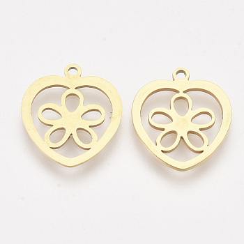 201 Stainless Steel Pendants, Laser Cut Pendants, Heart with Flower, Golden, 17.5x15.5x1mm, Hole: 1.4mm