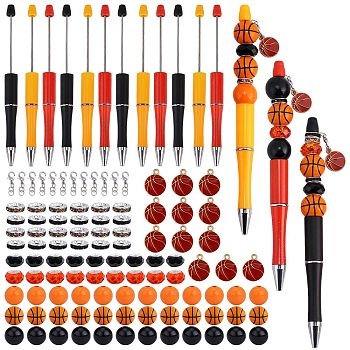 DIY Basketball Beadable Pen Making Kit, Including Alloy Clasps, Natural Wood & Glass Round Beads, Plastic Ball-Point Pens, Alloy Enamel Pendants, Mixed Color, 114Pcs/box